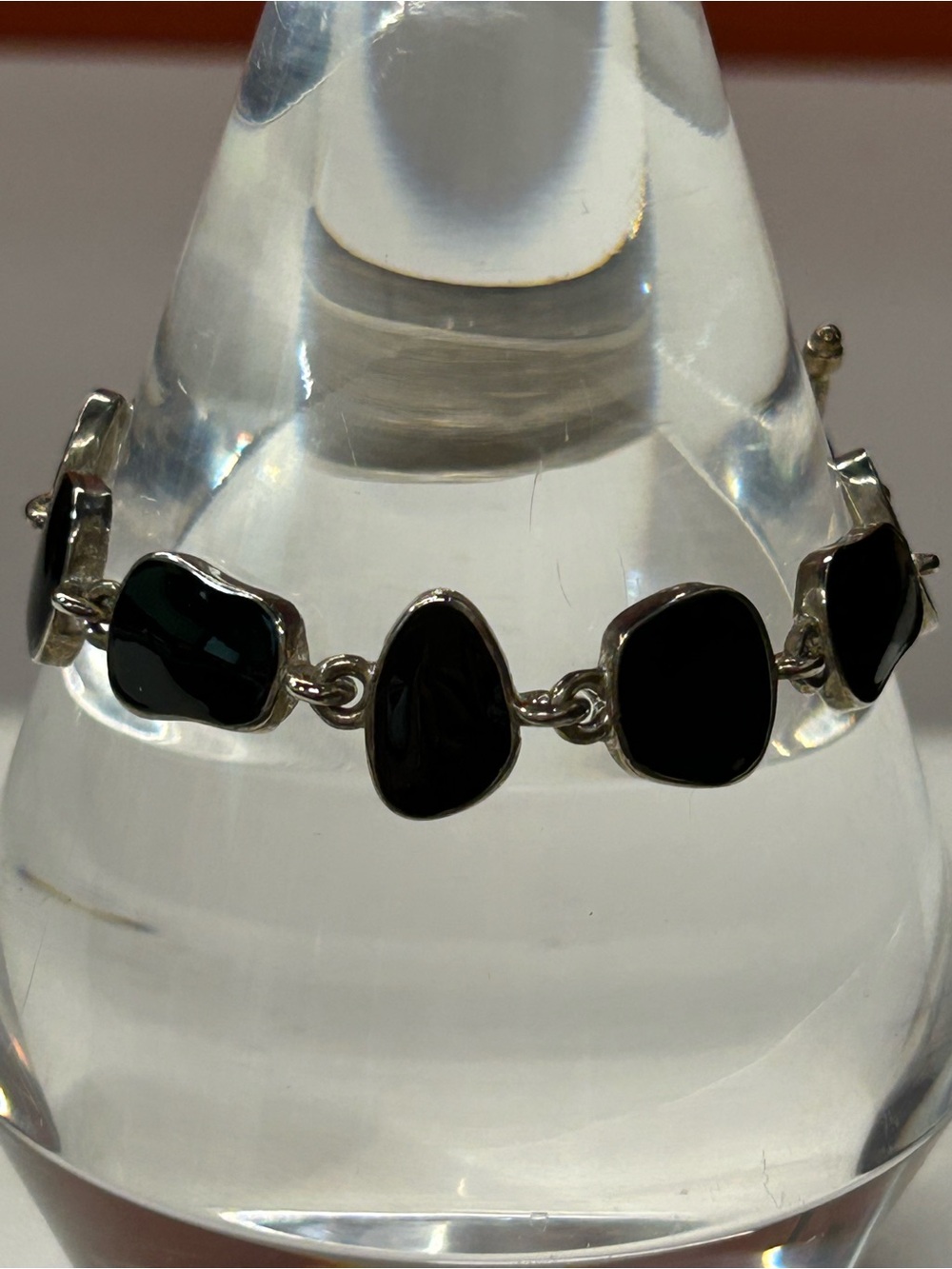 Silver tone and black stone link bracelet vintage